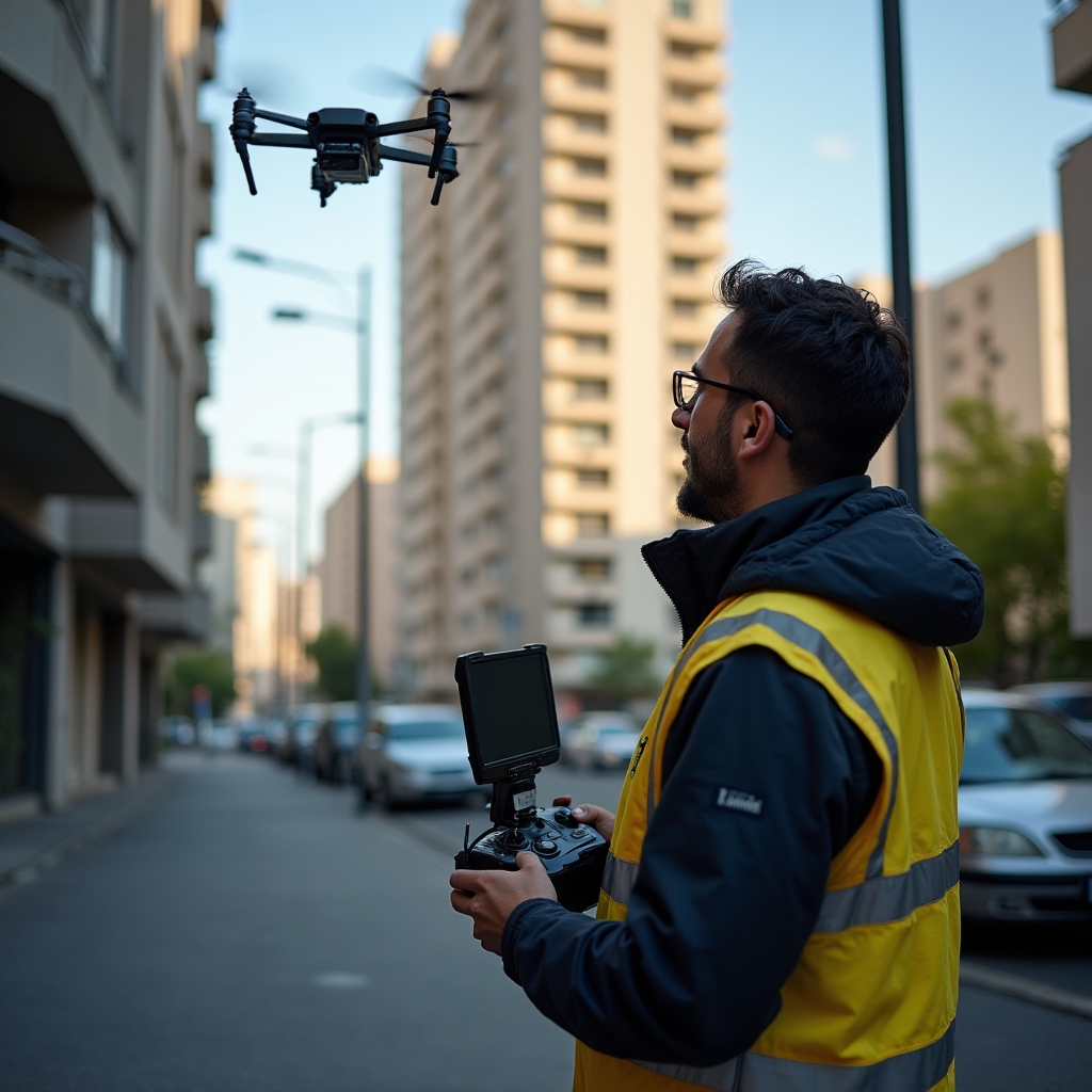 Drone volando cerca de fachada de edificio residencial de varios pisos realizando estudio térmico infrarrojo