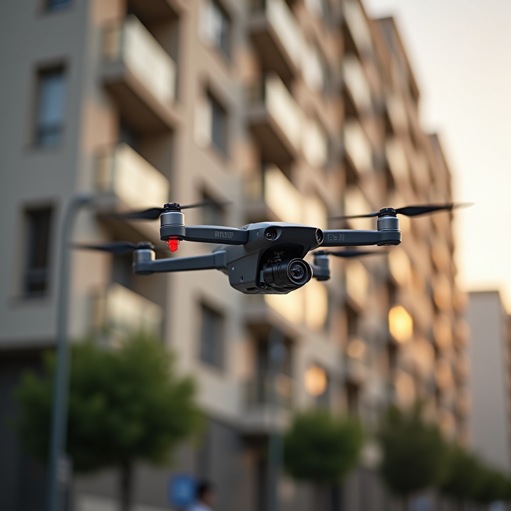 Professional drone performing infrared thermal flight around residential building facade in Chile
