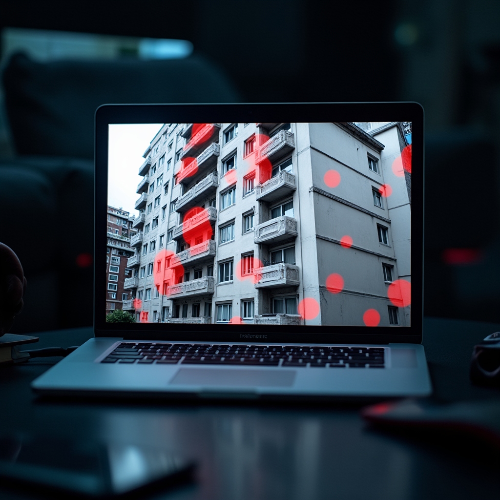 Building facade photograph with thermal anomaly zones highlighted in red showing heat loss locations