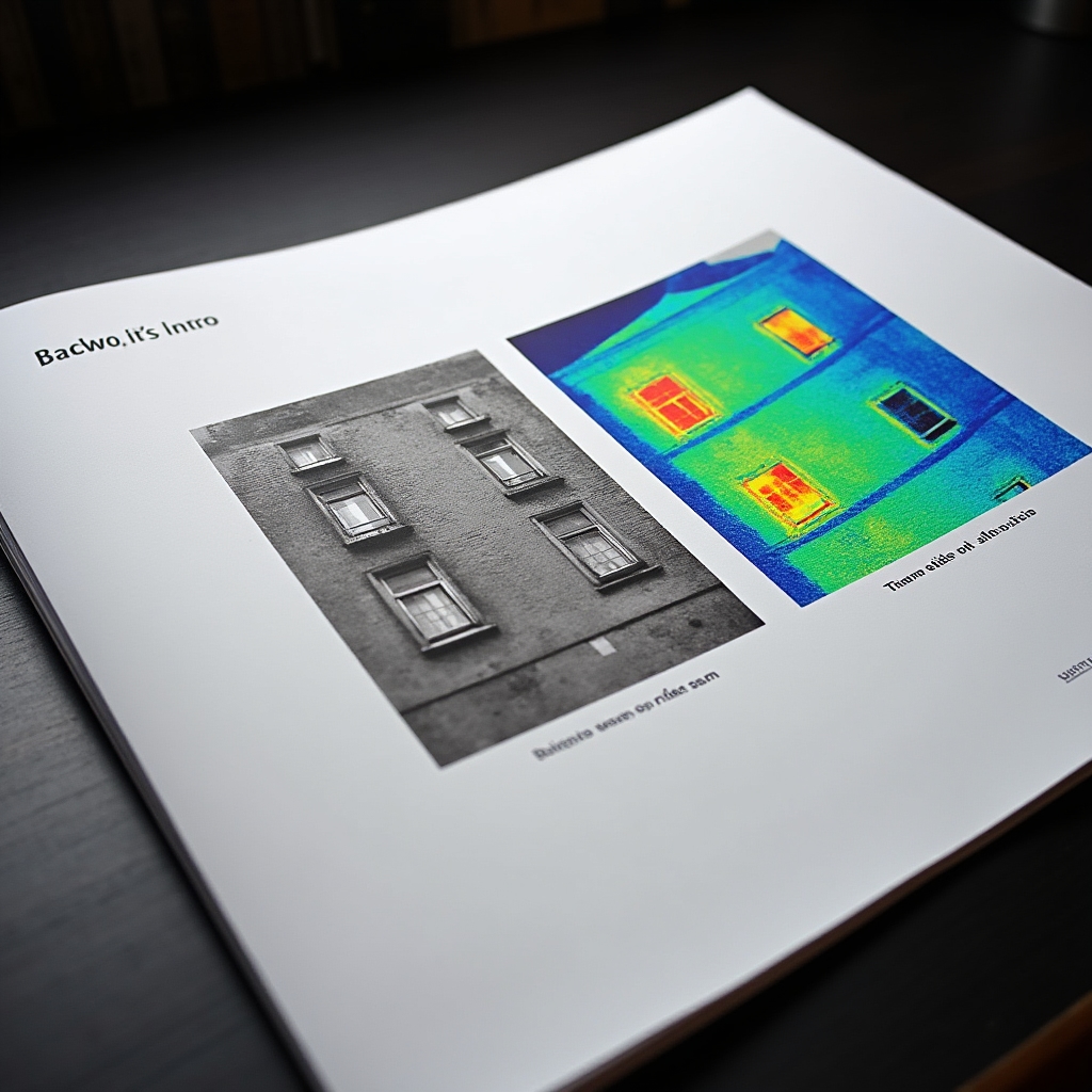 Side by side comparison of visible light photograph and infrared thermal image of same building facade section