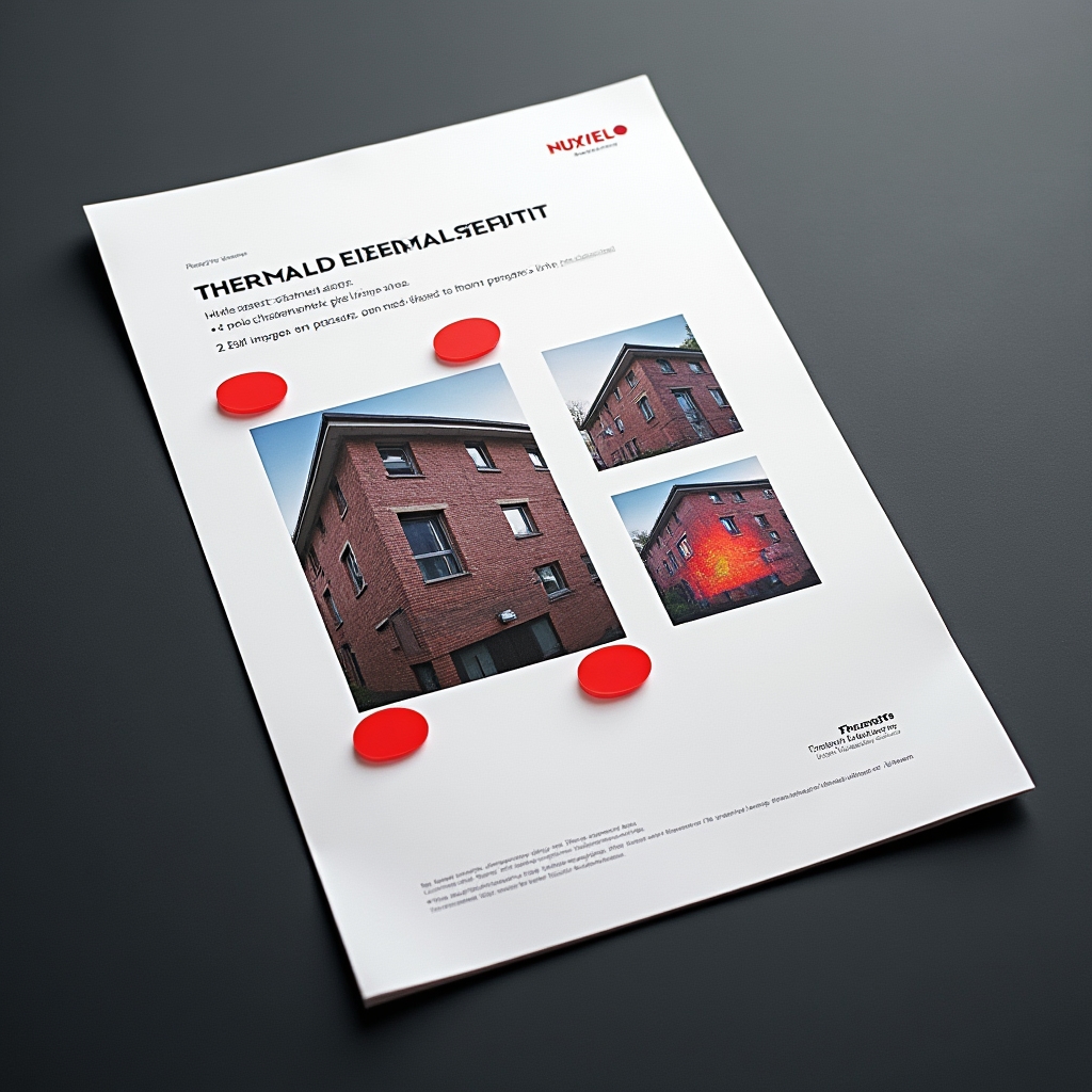 Thermal report showing building facade with heat loss zones marked in red overlay