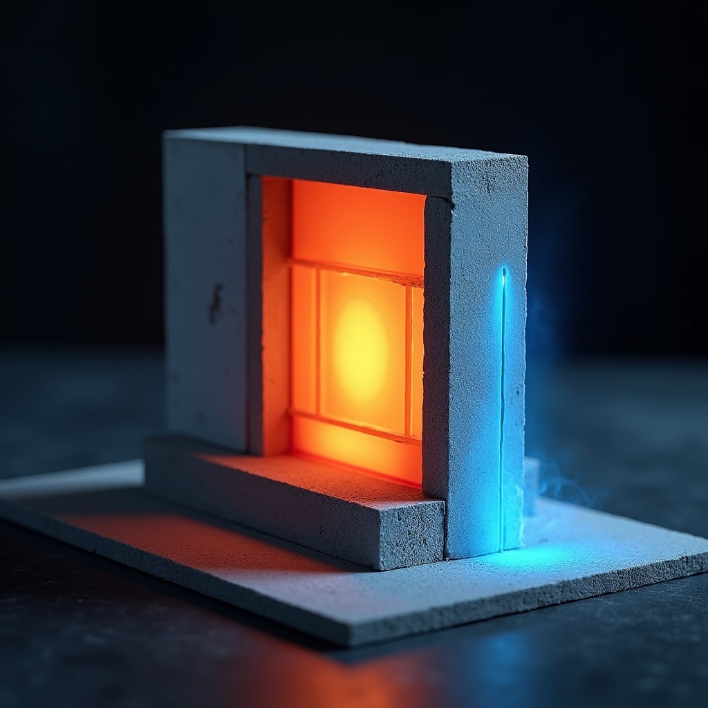 Ilustración del principio de termografía infrarroja aplicado a fachada de edificio con gradiente de temperatura