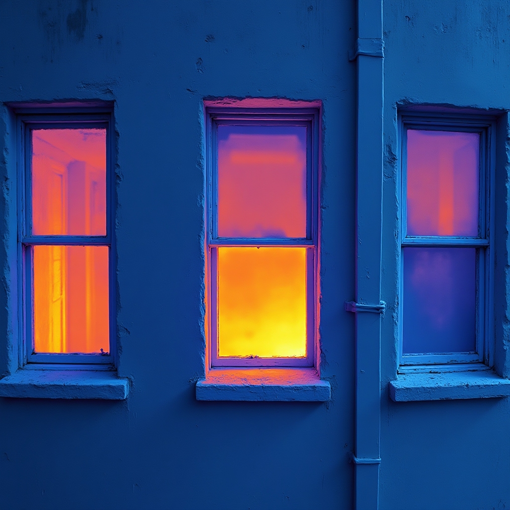 Thermal camera image of deteriorated window frame seal showing heat leakage